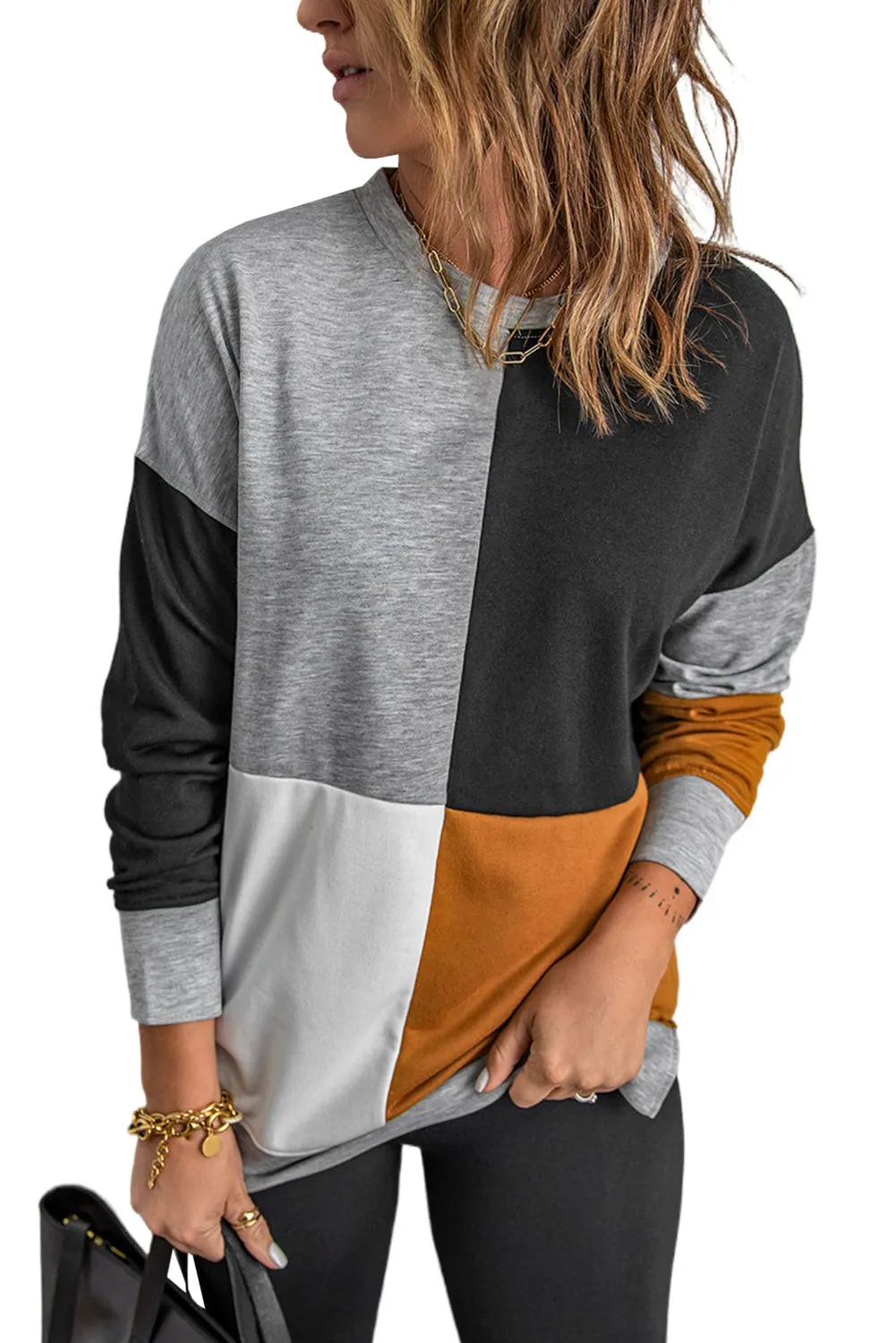 Color Block Round Neck Long Sleeves Pullover Sweatshirt