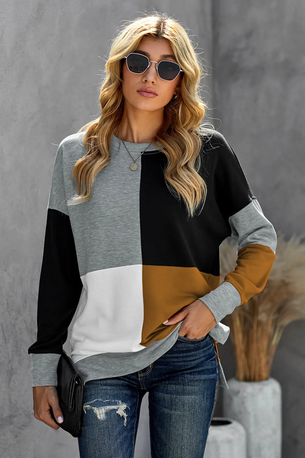 Color Block Round Neck Long Sleeves Pullover Sweatshirt