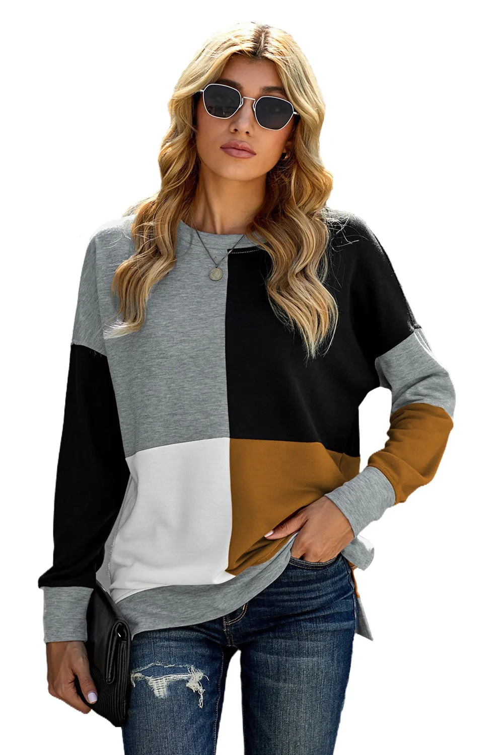 Color Block Round Neck Long Sleeves Pullover Sweatshirt