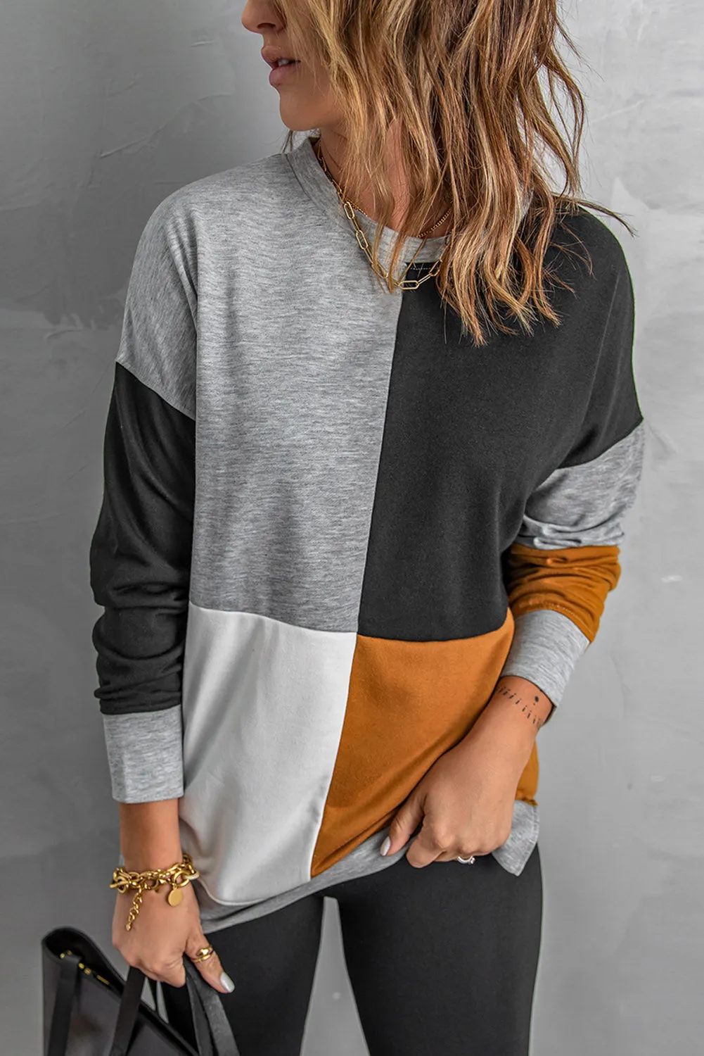 Color Block Round Neck Long Sleeves Pullover Sweatshirt