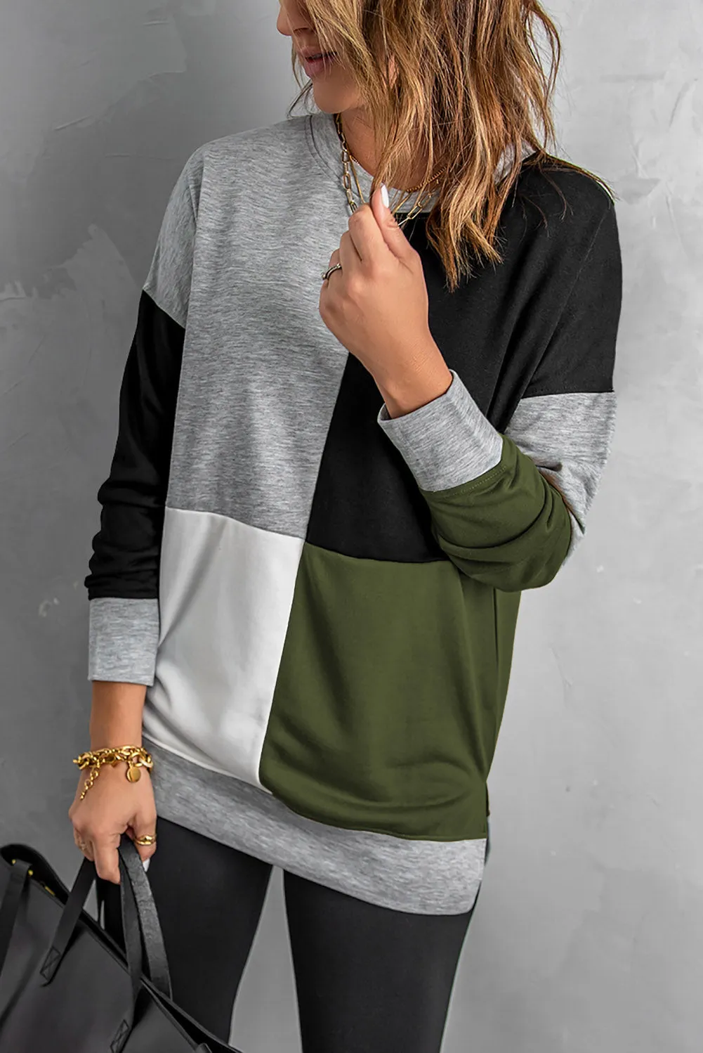 Color Block Round Neck Long Sleeves Pullover Sweatshirt