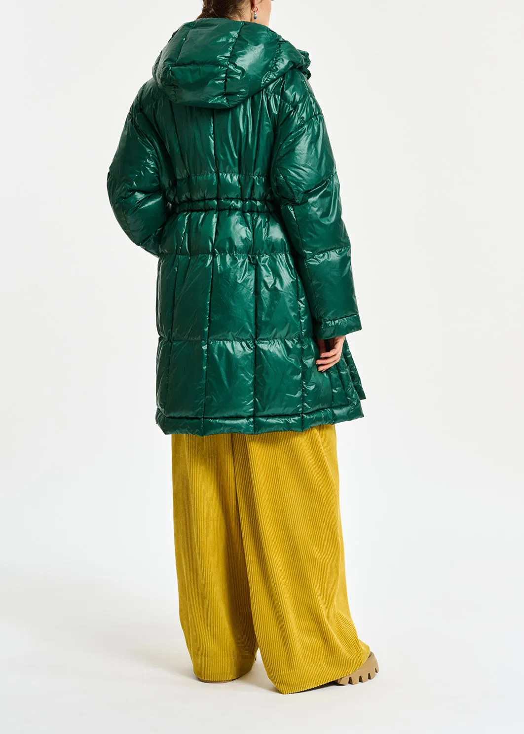 Dark green hooded puffer coat