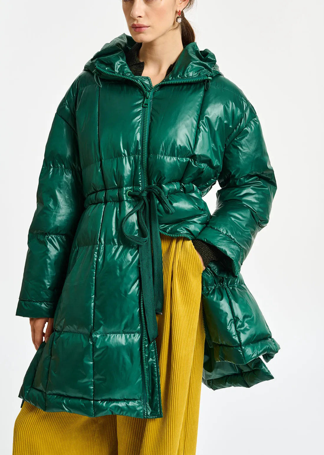 Dark green hooded puffer coat