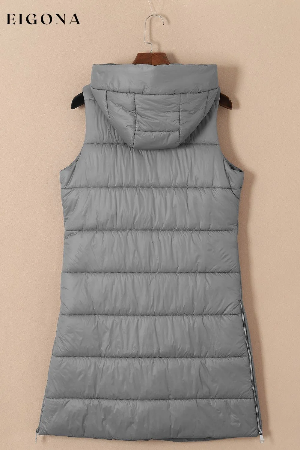 Dark Grey Hooded Long Quilted Vest Coat