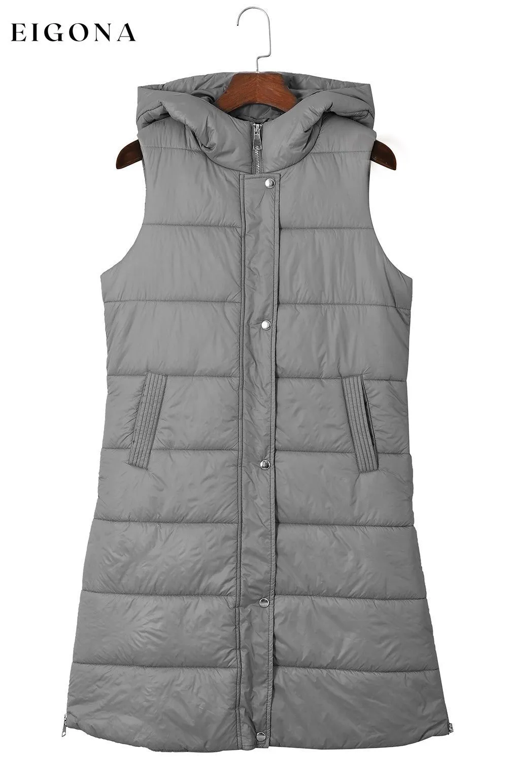 Dark Grey Hooded Long Quilted Vest Coat