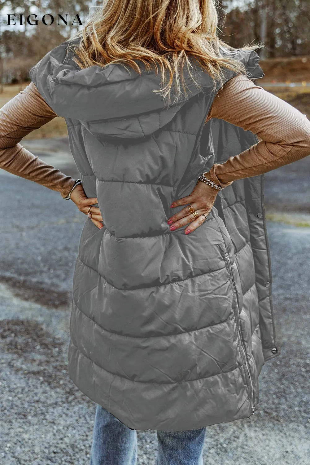 Dark Grey Hooded Long Quilted Vest Coat