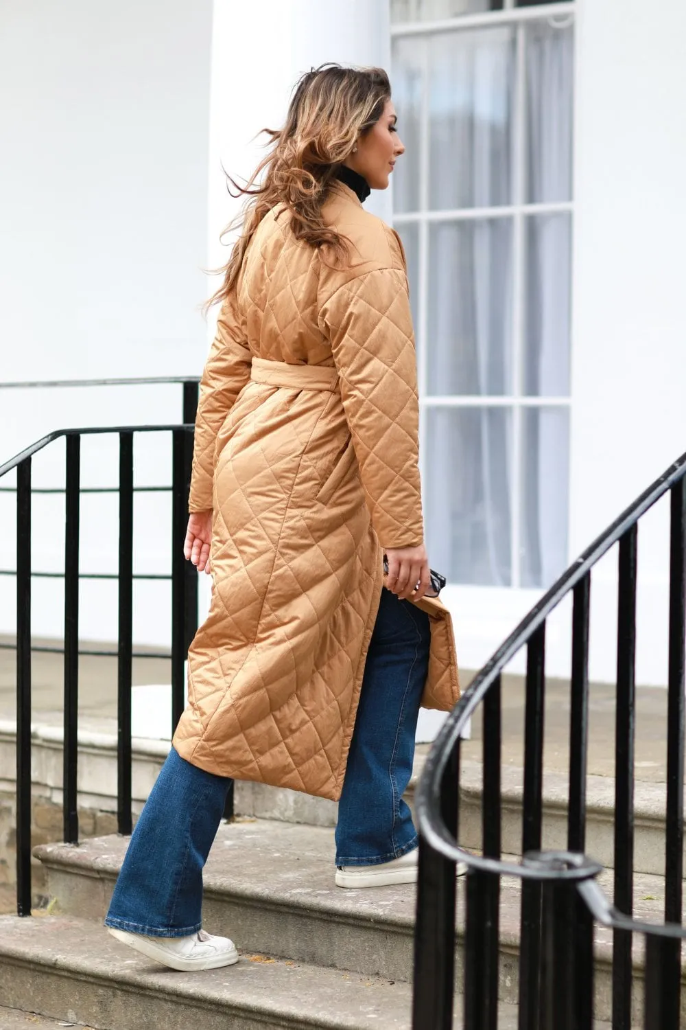 Double Second Camel Oversized Quilted Longline Wrap Coat