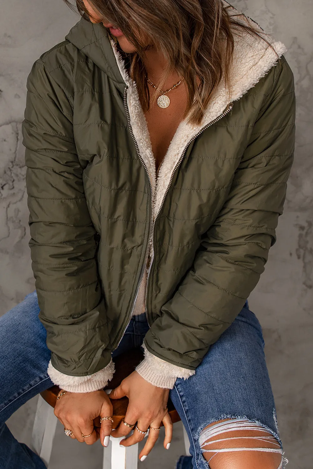 Double-sided Zipper Sherpa Quilted Coat