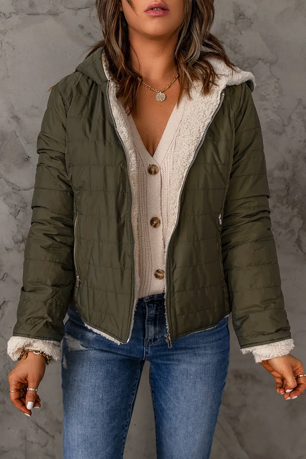 Double-sided Zipper Sherpa Quilted Coat