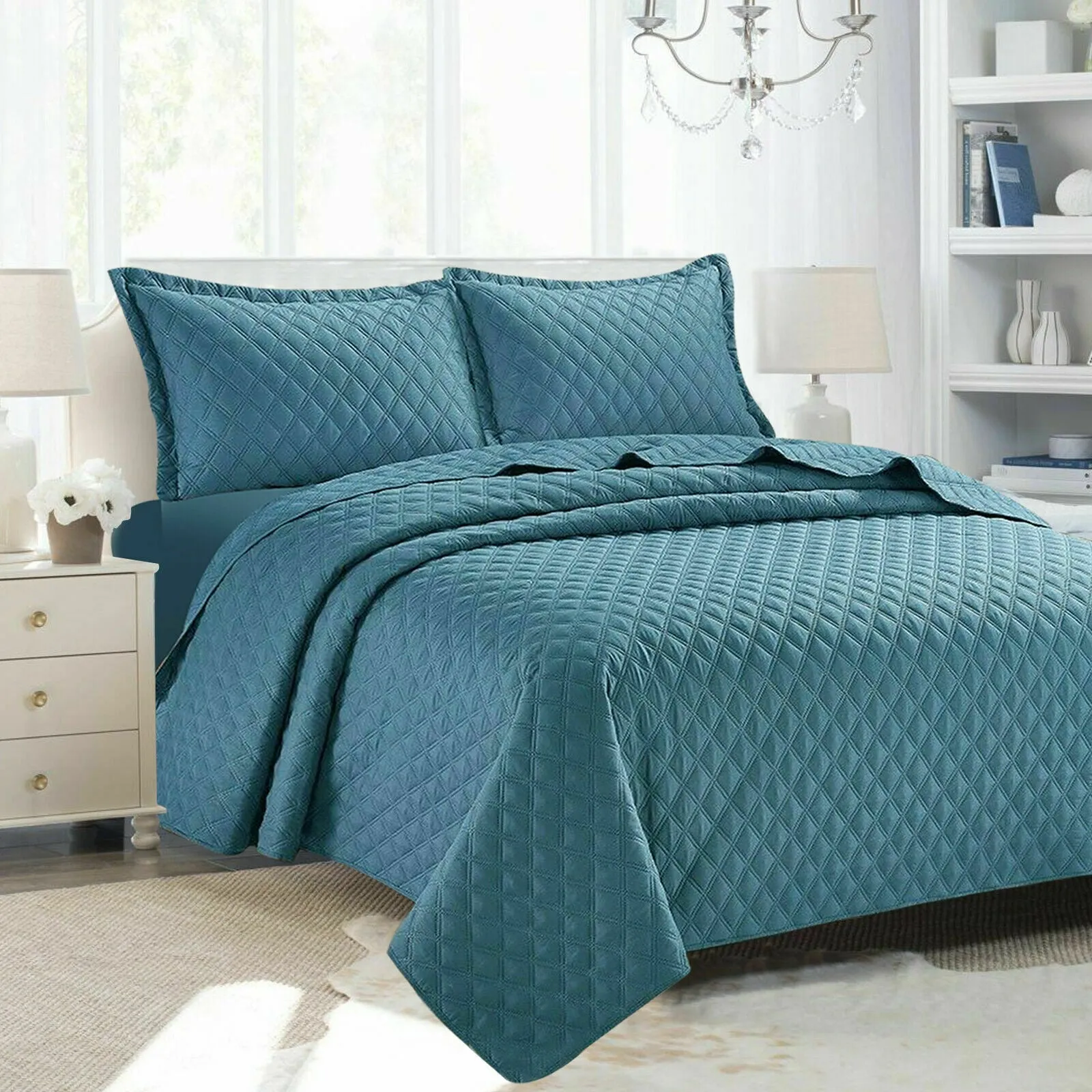 Embossed Bedspread Quilted Polyester Filled Bed Runner Throw & Pillow shams