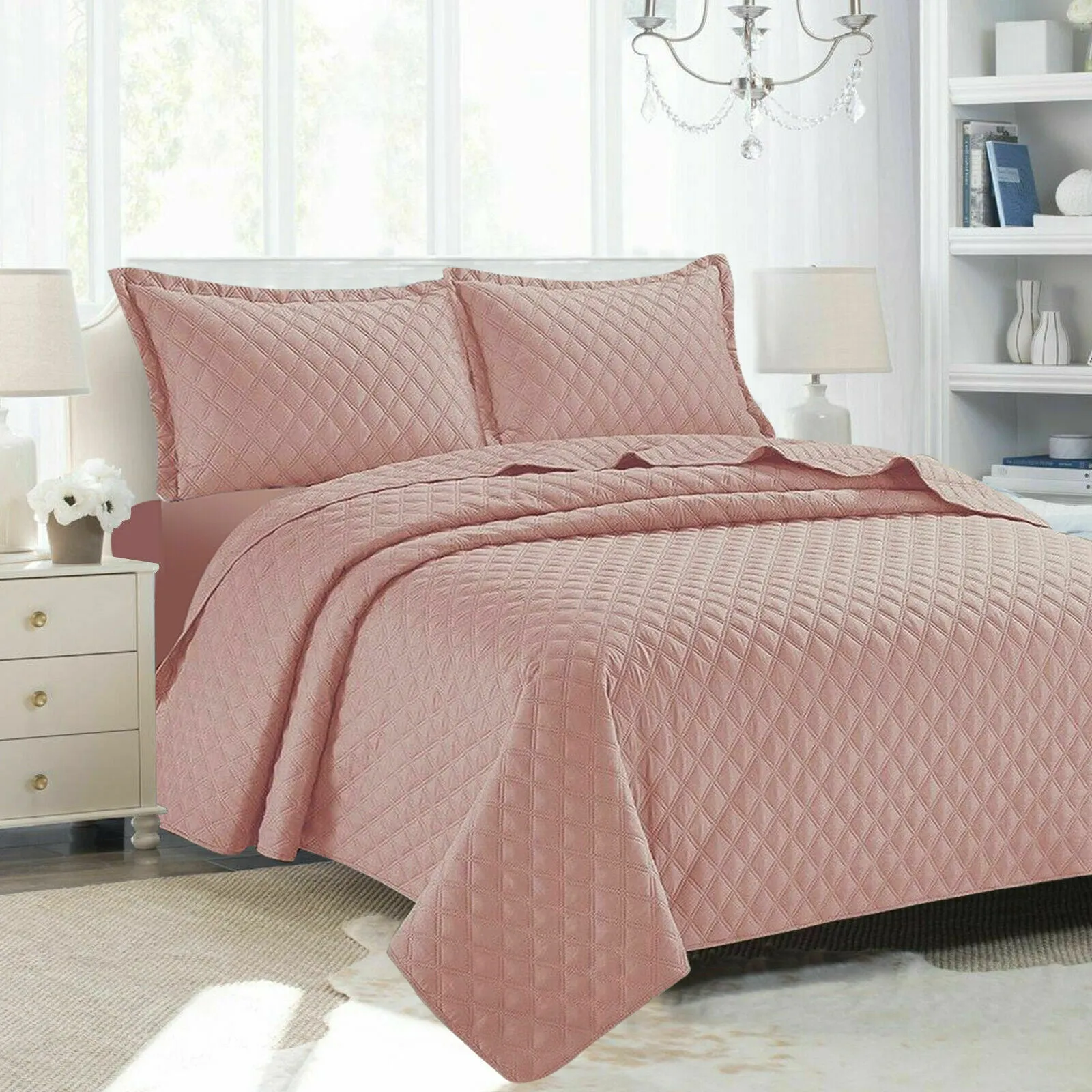 Embossed Bedspread Quilted Polyester Filled Bed Runner Throw & Pillow shams