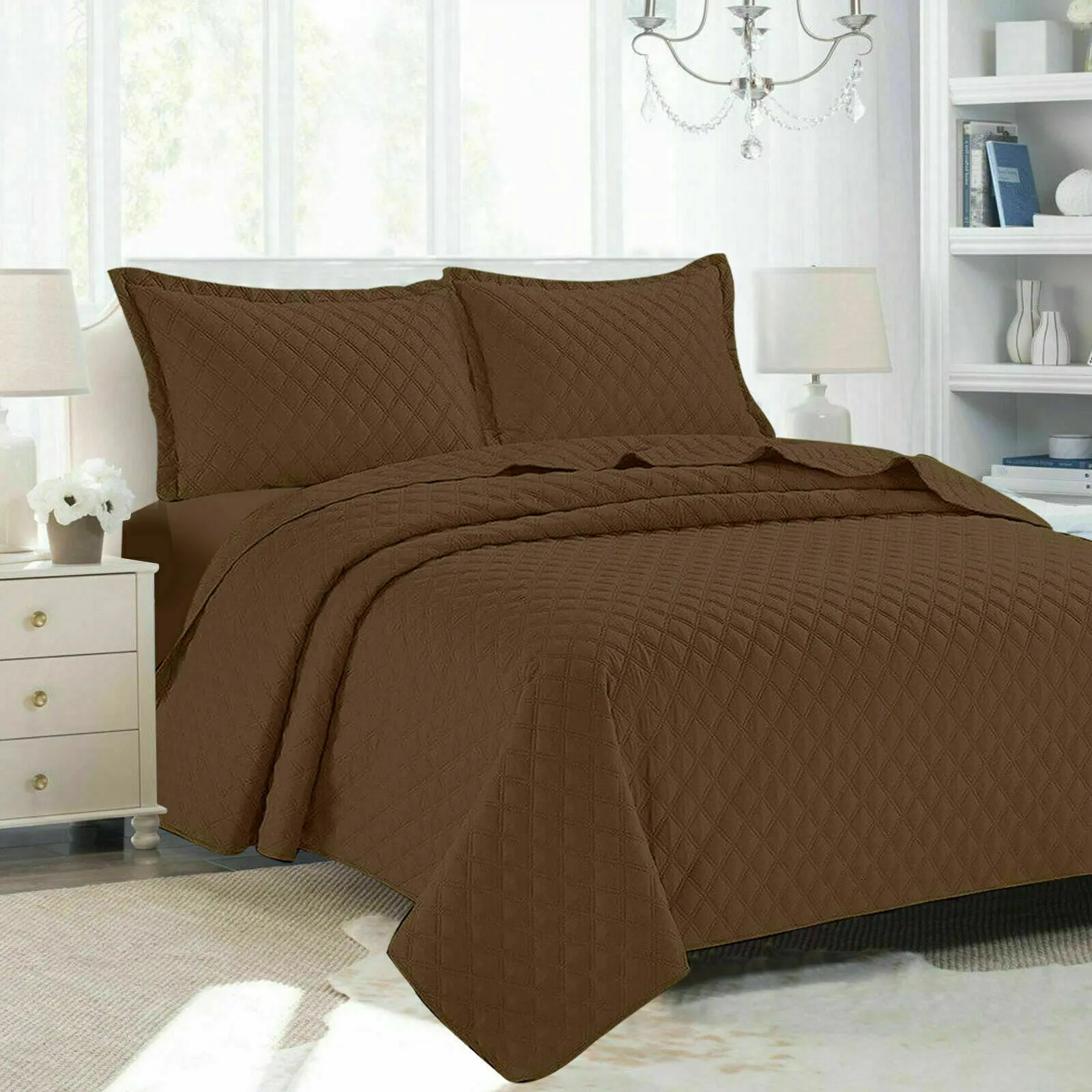 Embossed Bedspread Quilted Polyester Filled Bed Runner Throw & Pillow shams