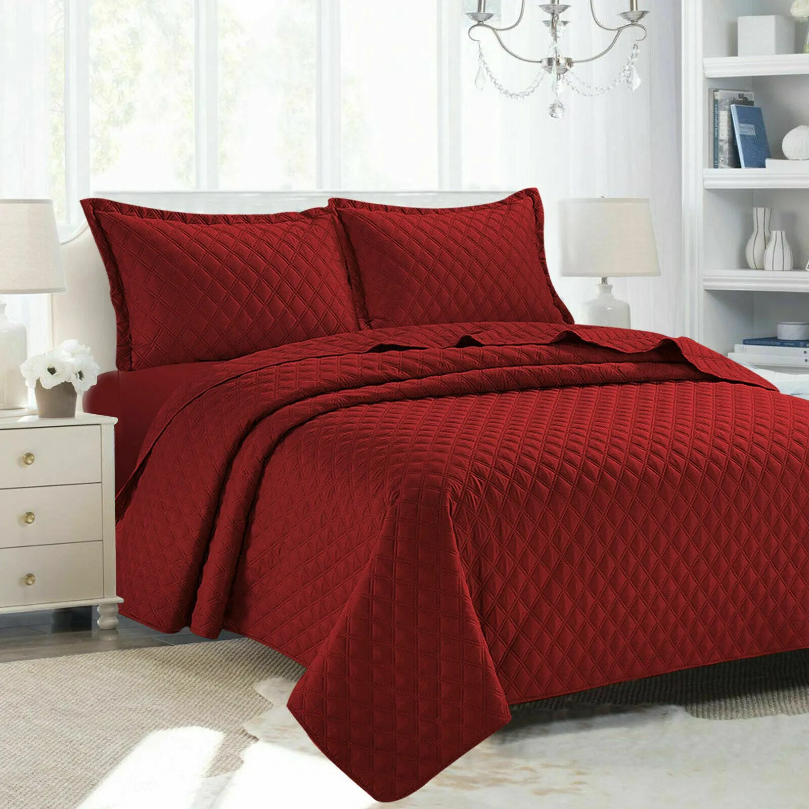 Embossed Bedspread Quilted Polyester Filled Bed Runner Throw & Pillow shams