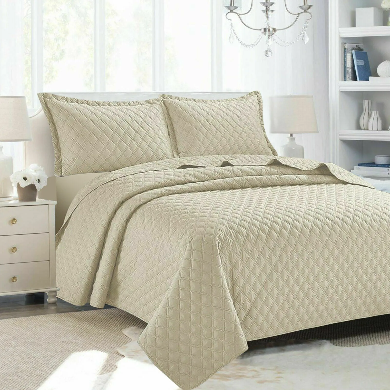 Embossed Bedspread Quilted Polyester Filled Bed Runner Throw & Pillow shams