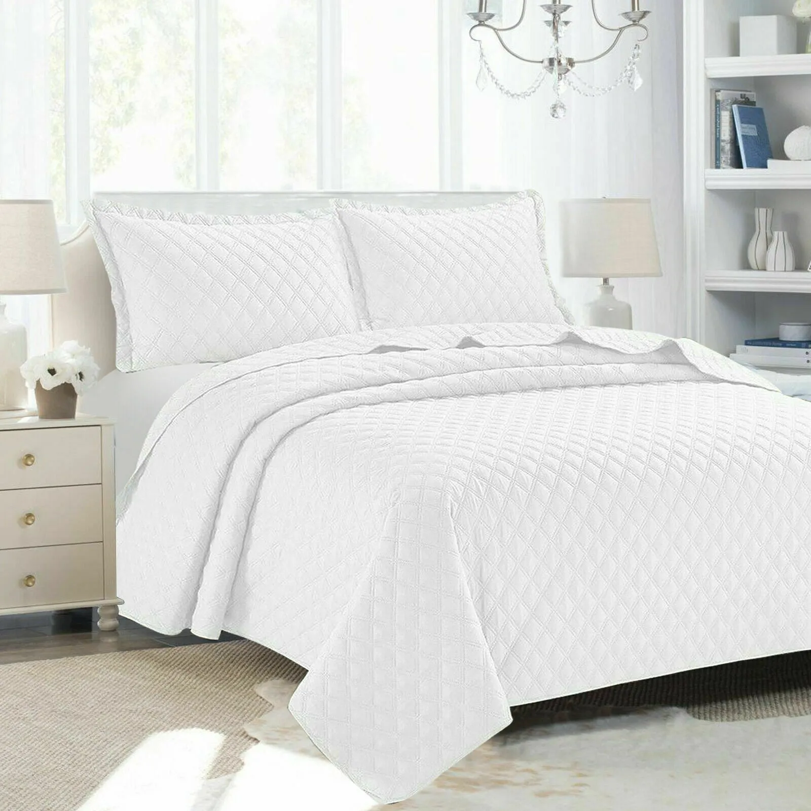 Embossed Bedspread Quilted Polyester Filled Bed Runner Throw & Pillow shams