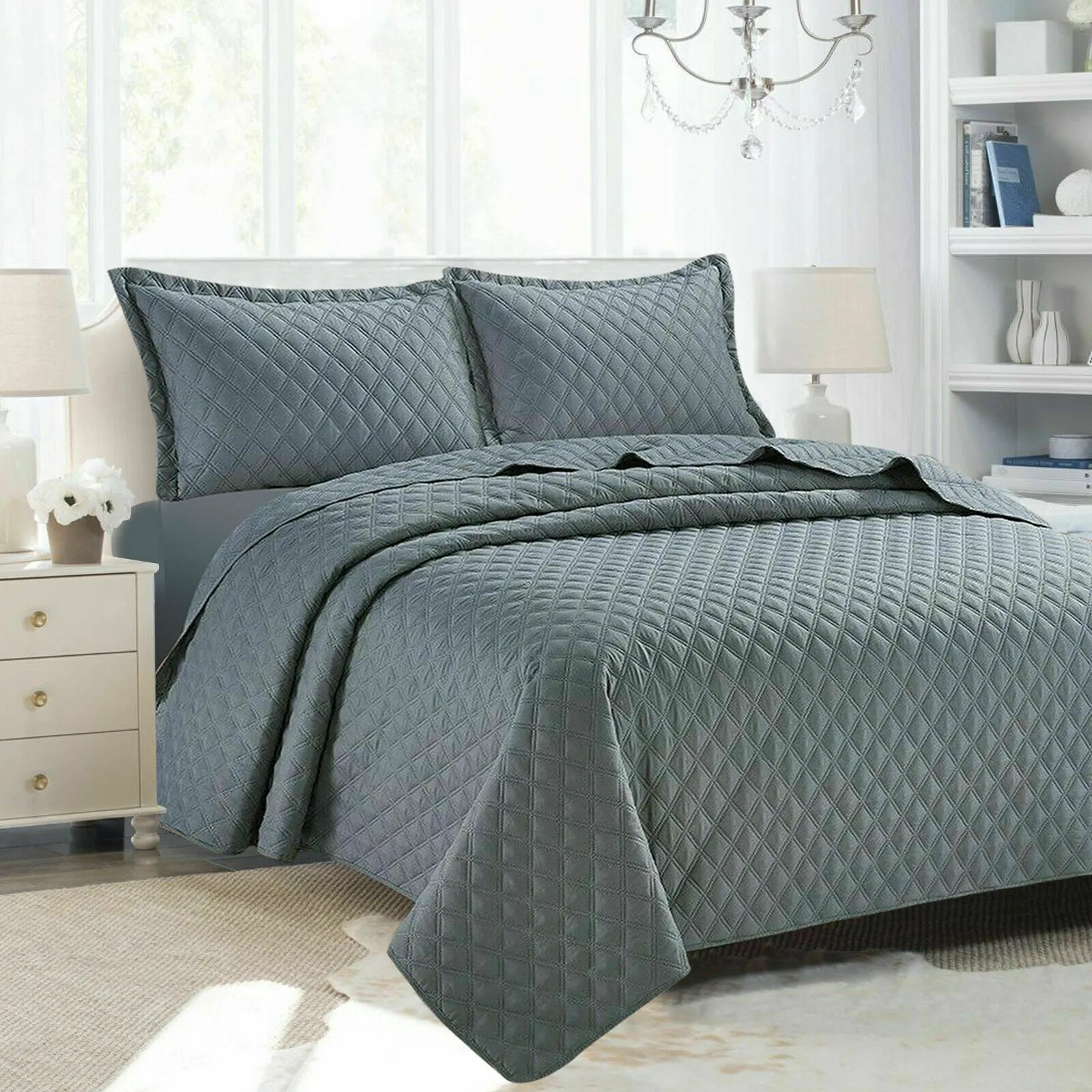 Embossed Bedspread Quilted Polyester Filled Bed Runner Throw & Pillow shams