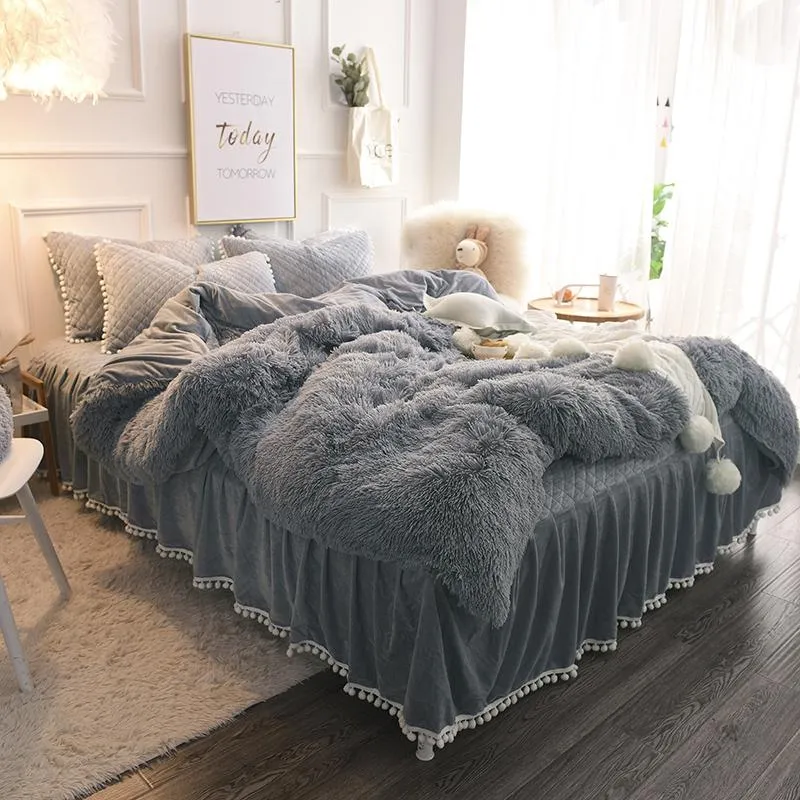 Famvotar Luxury Plush Shaggy Bedding Set (1 Faux Fur Duvet Cover 1 Quilted Ruffle Bedskirt 2 Pompoms Fringe Pillow Shams)