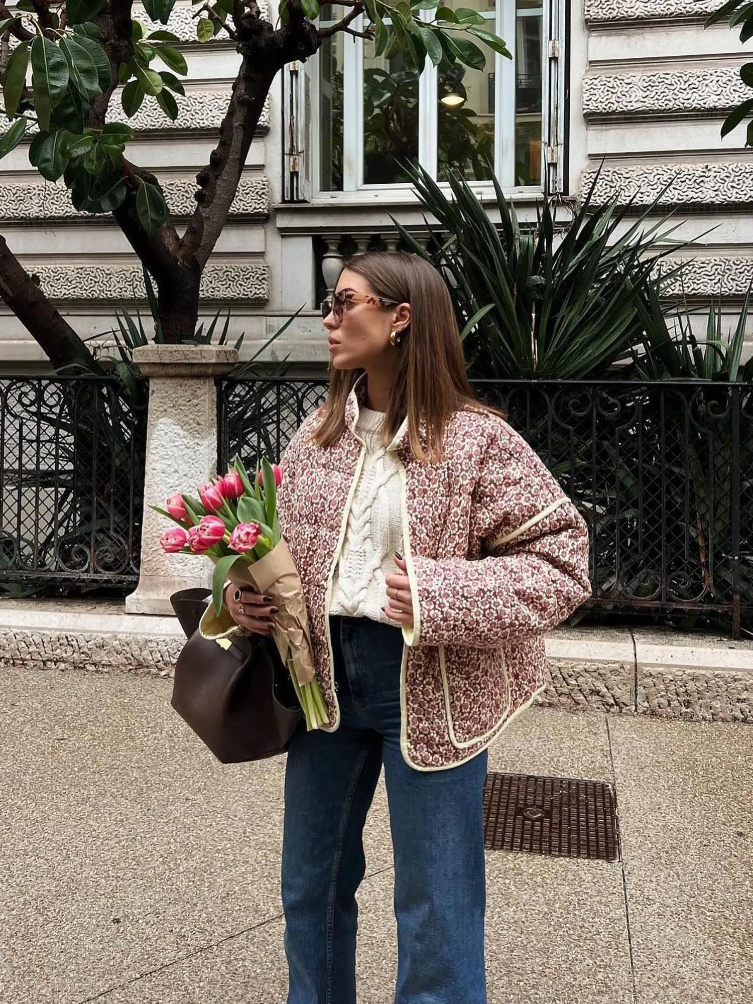 Floral Quilted Stand Up Jacket Coat