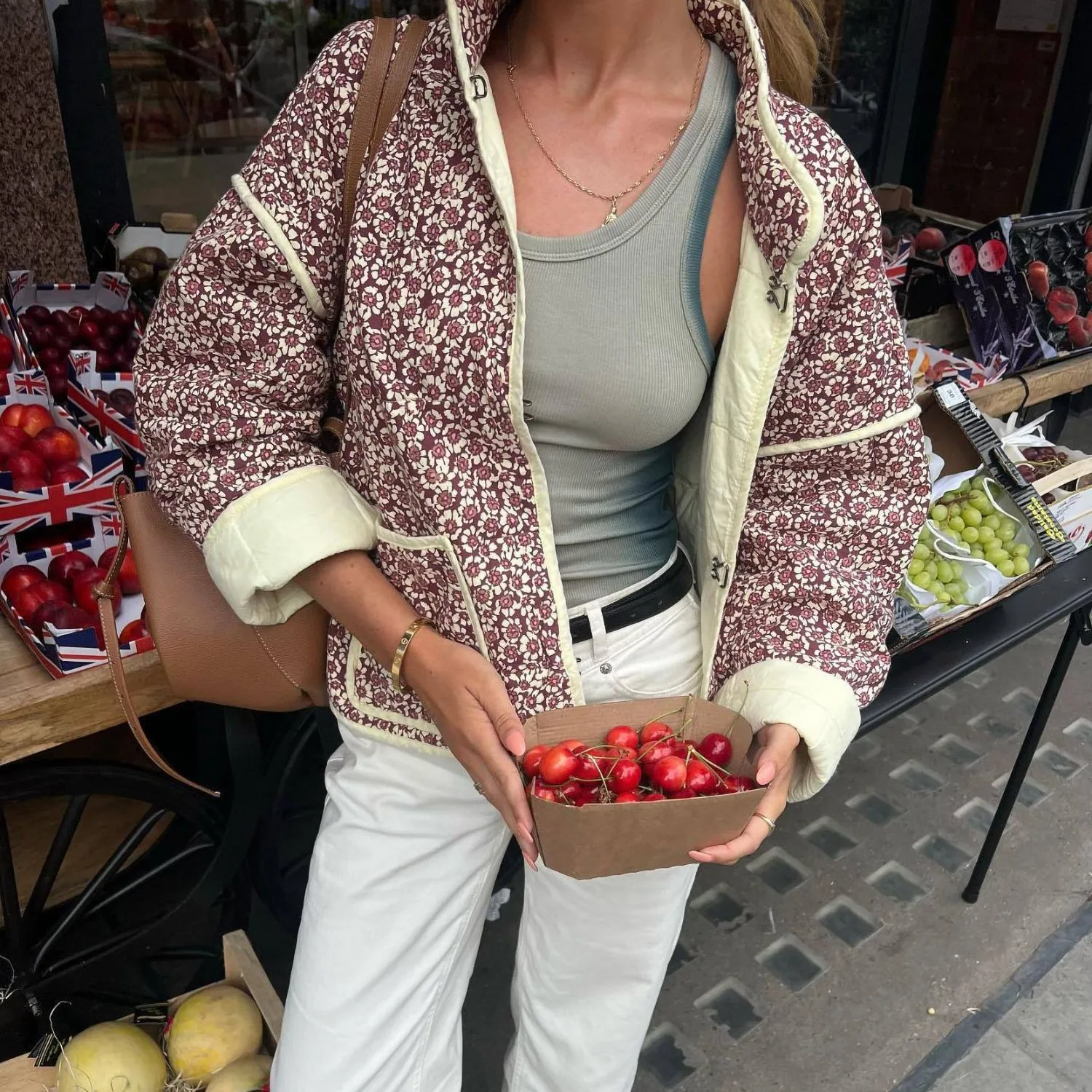 Floral Quilted Stand Up Jacket Coat