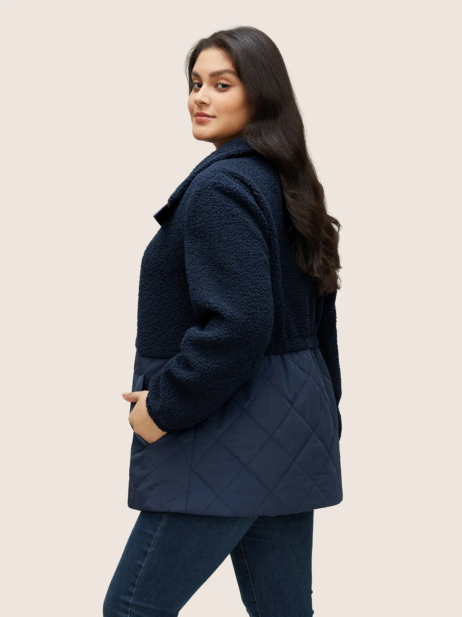 Fluffy Patchwork Quilted Button Through Coat