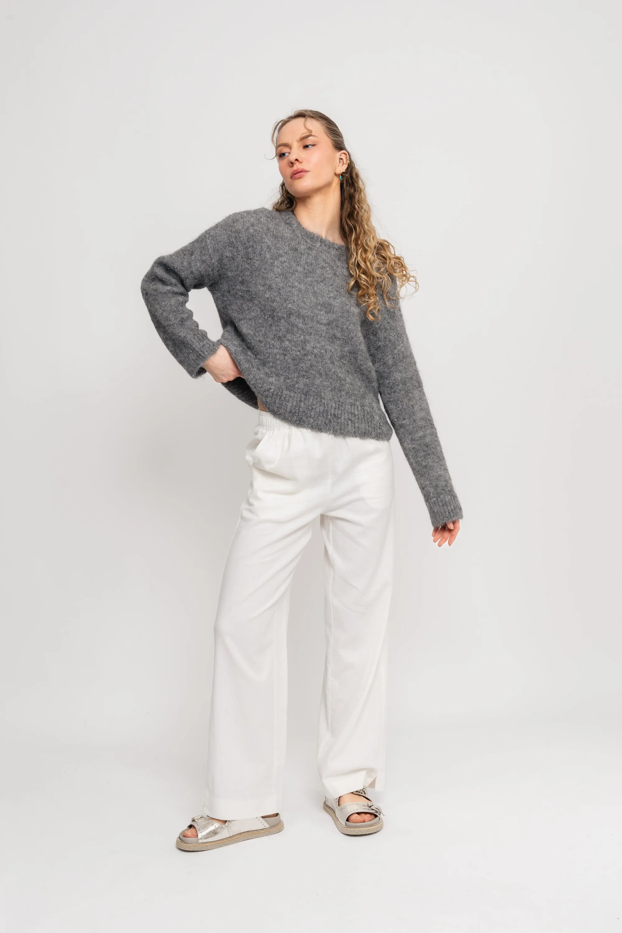 Gabella Ls Pullover Knit - Light Grey Melange