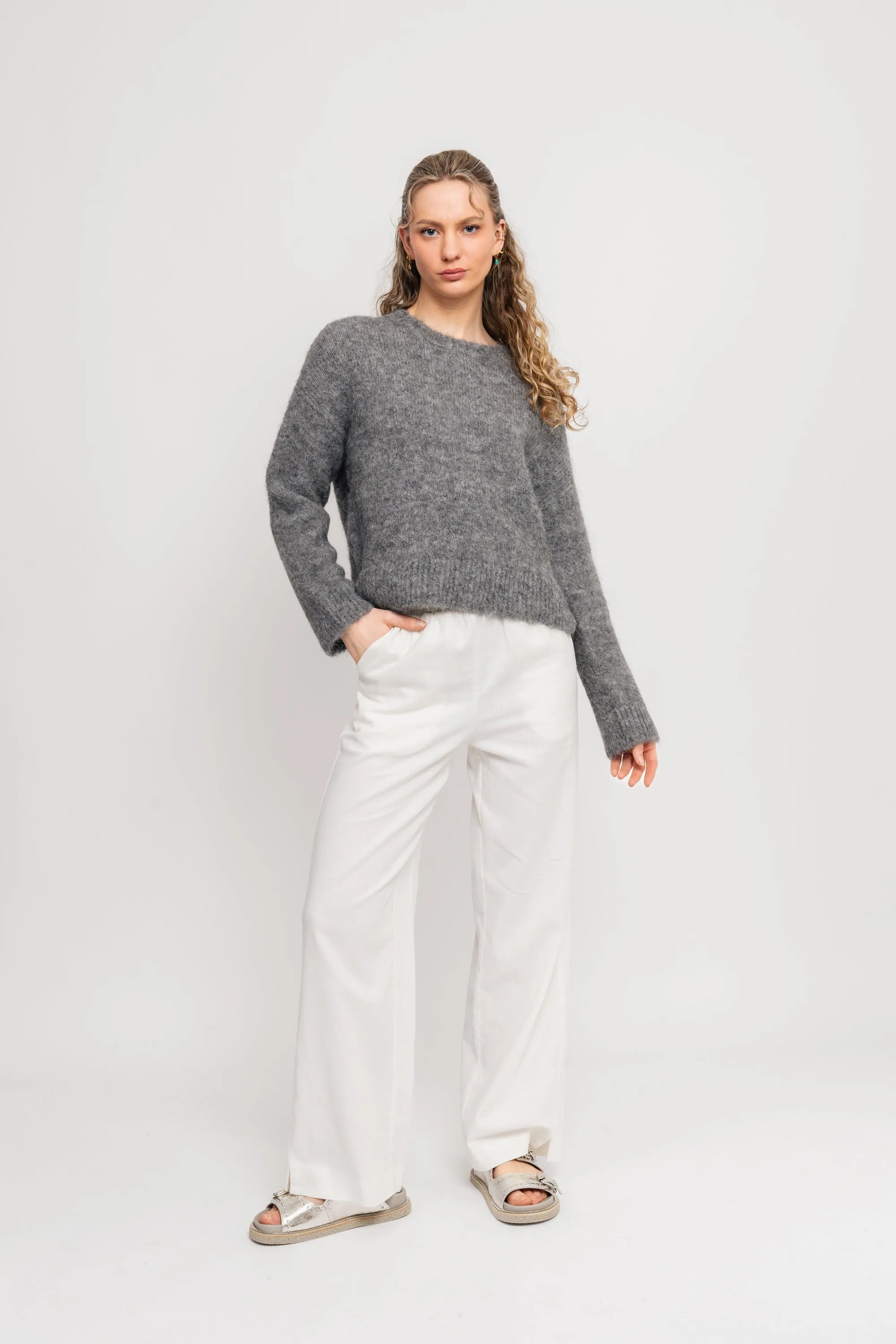 Gabella Ls Pullover Knit - Light Grey Melange