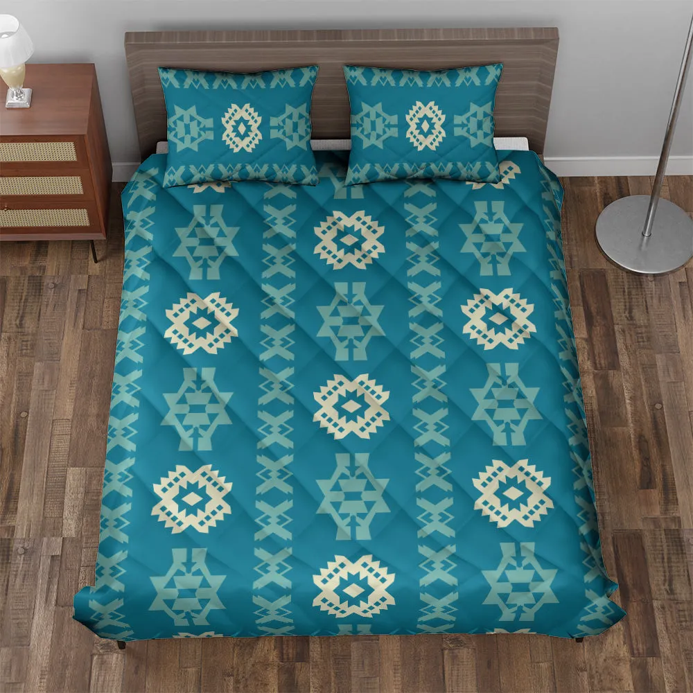 Geometric Navajo Quilted Bedding Set | Bright Boho Blue Comforters | Bedspreads with matching Pillowcase