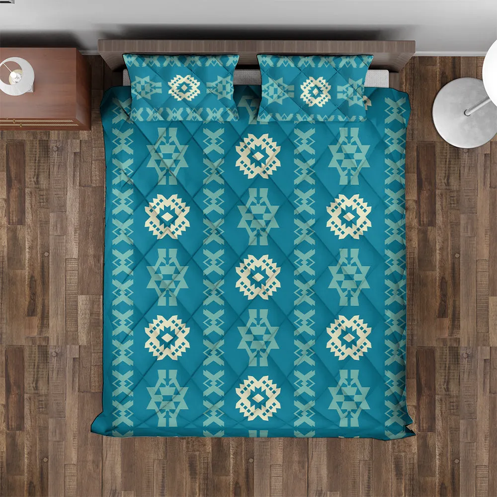 Geometric Navajo Quilted Bedding Set | Bright Boho Blue Comforters | Bedspreads with matching Pillowcase