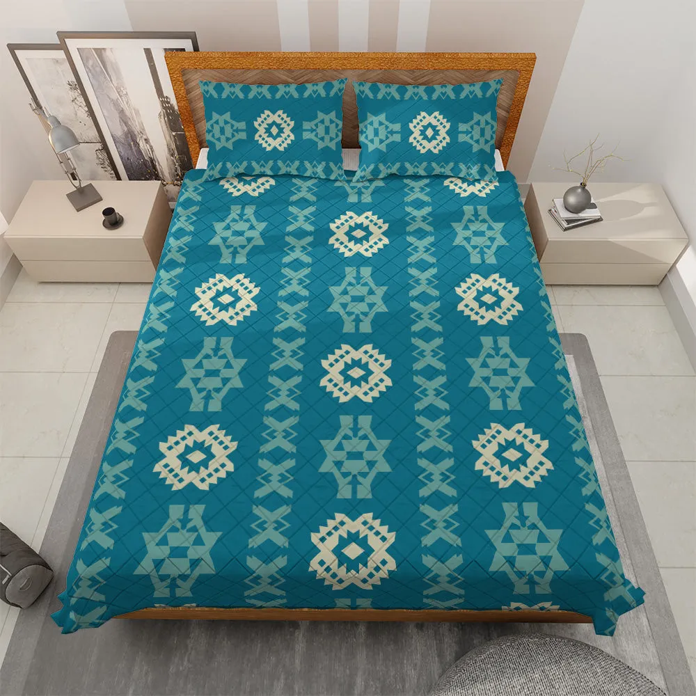 Geometric Navajo Quilted Bedding Set | Bright Boho Blue Comforters | Bedspreads with matching Pillowcase