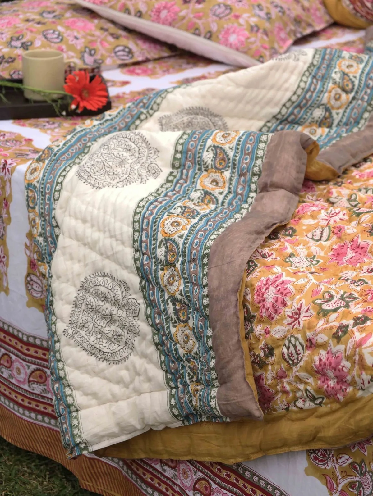 Hand-Printed Organic Cotton Quilt: Ethnic Floral Luxury