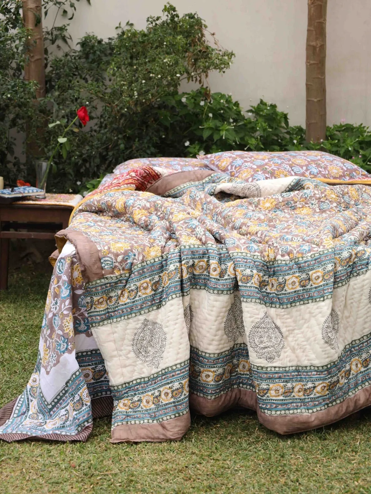 Hand-Printed Organic Cotton Quilt: Ethnic Floral Luxury