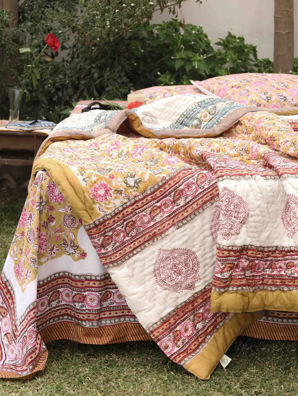 Hand-Printed Organic Cotton Quilt: Ethnic Floral Luxury