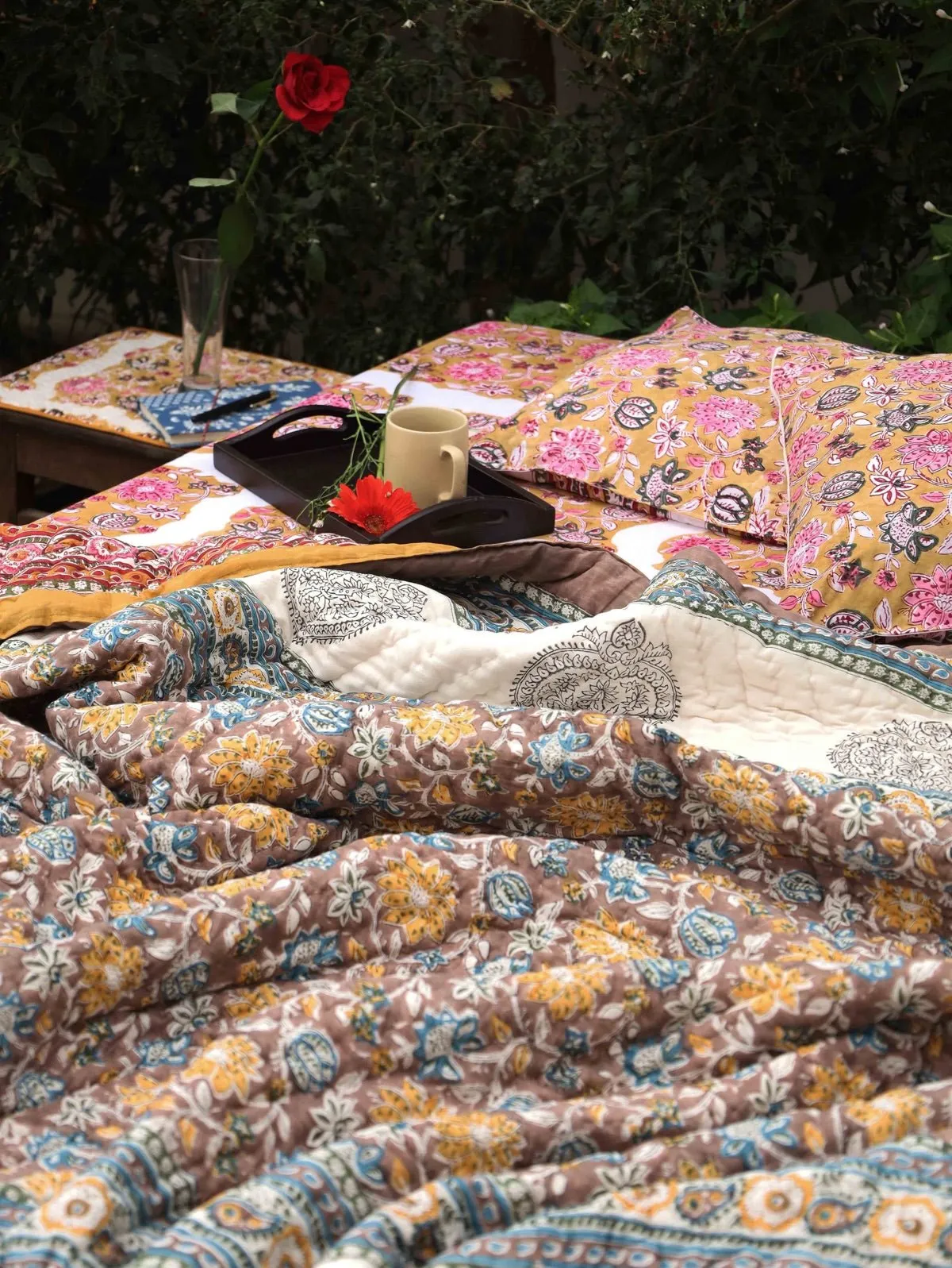 Hand-Printed Organic Cotton Quilt: Ethnic Floral Luxury