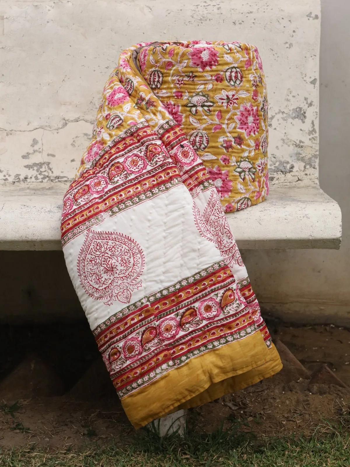 Hand-Printed Organic Cotton Quilt: Ethnic Floral Luxury