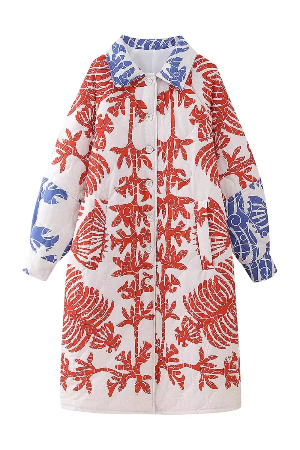 'Joyce' Printed Pattern Collared Quilted Long Coat