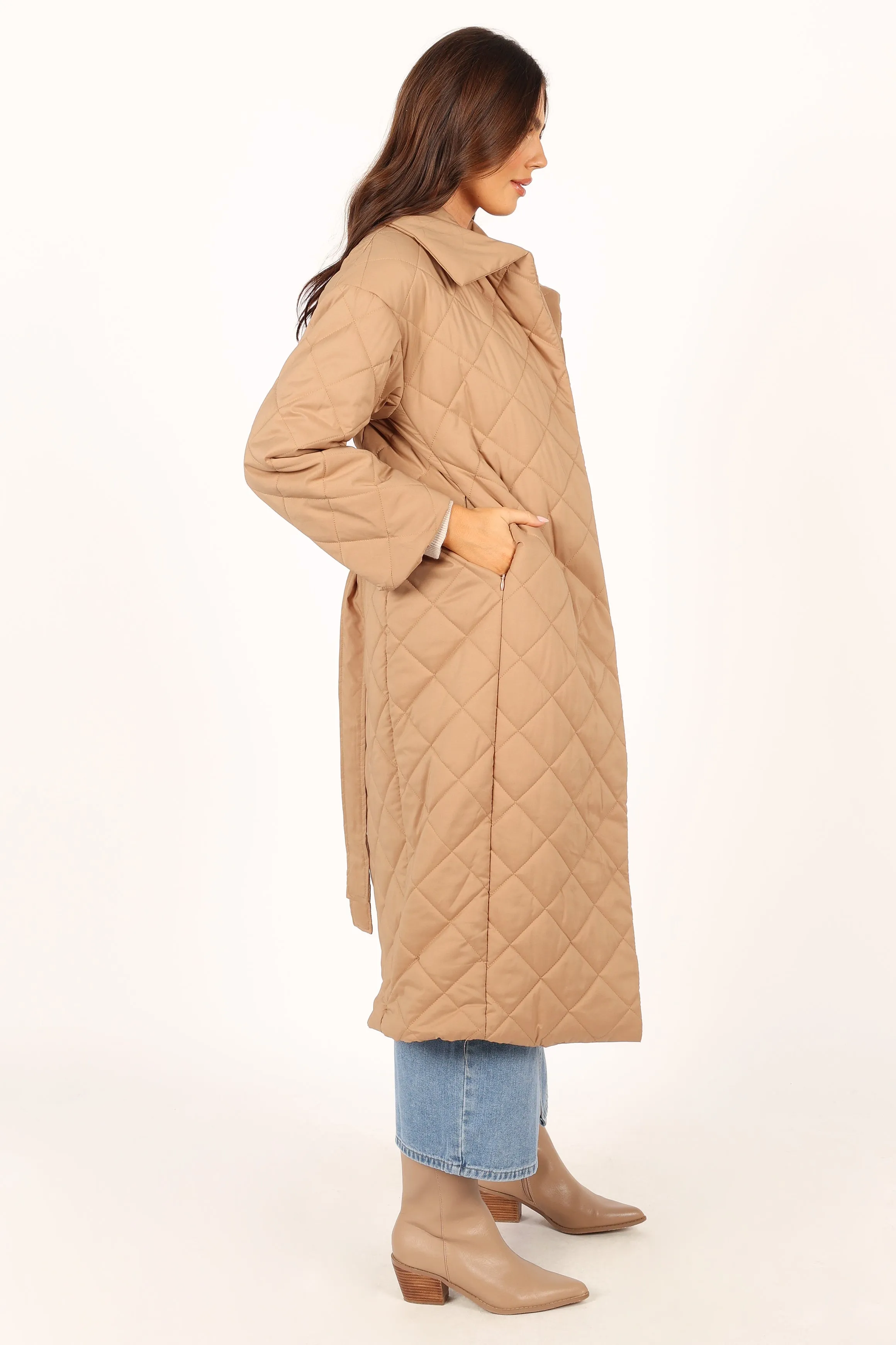 Kallie Quilted Tie Front Coat - Camel