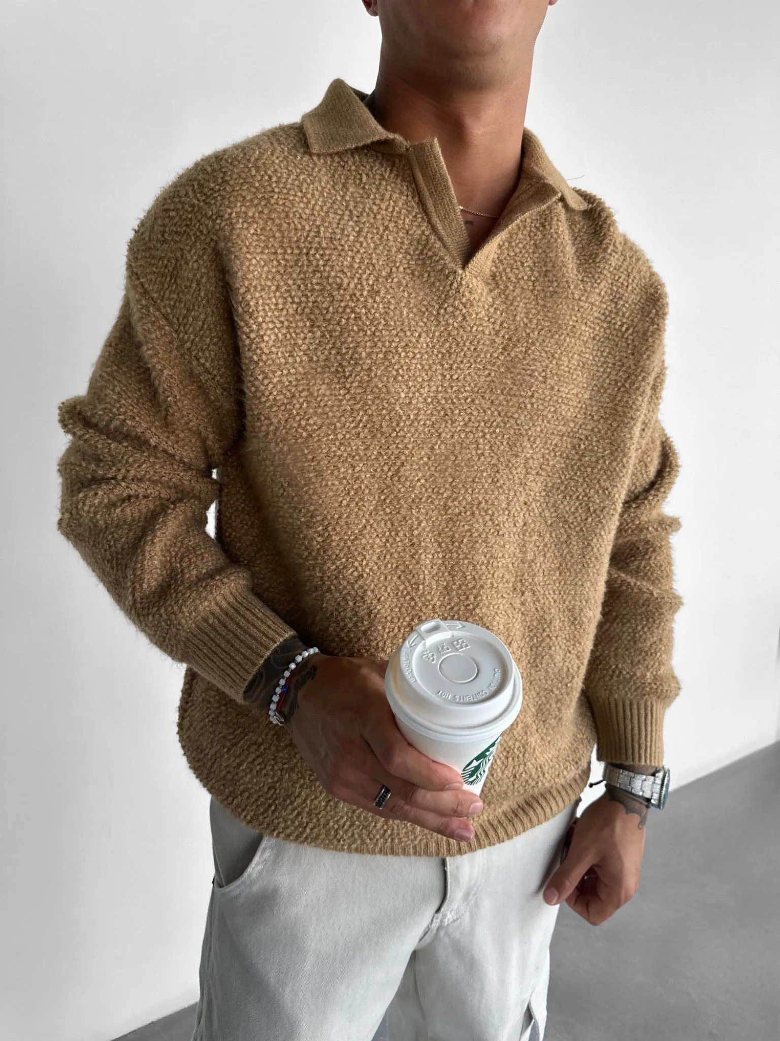 Knit Collar Brushed Pullover - Camel