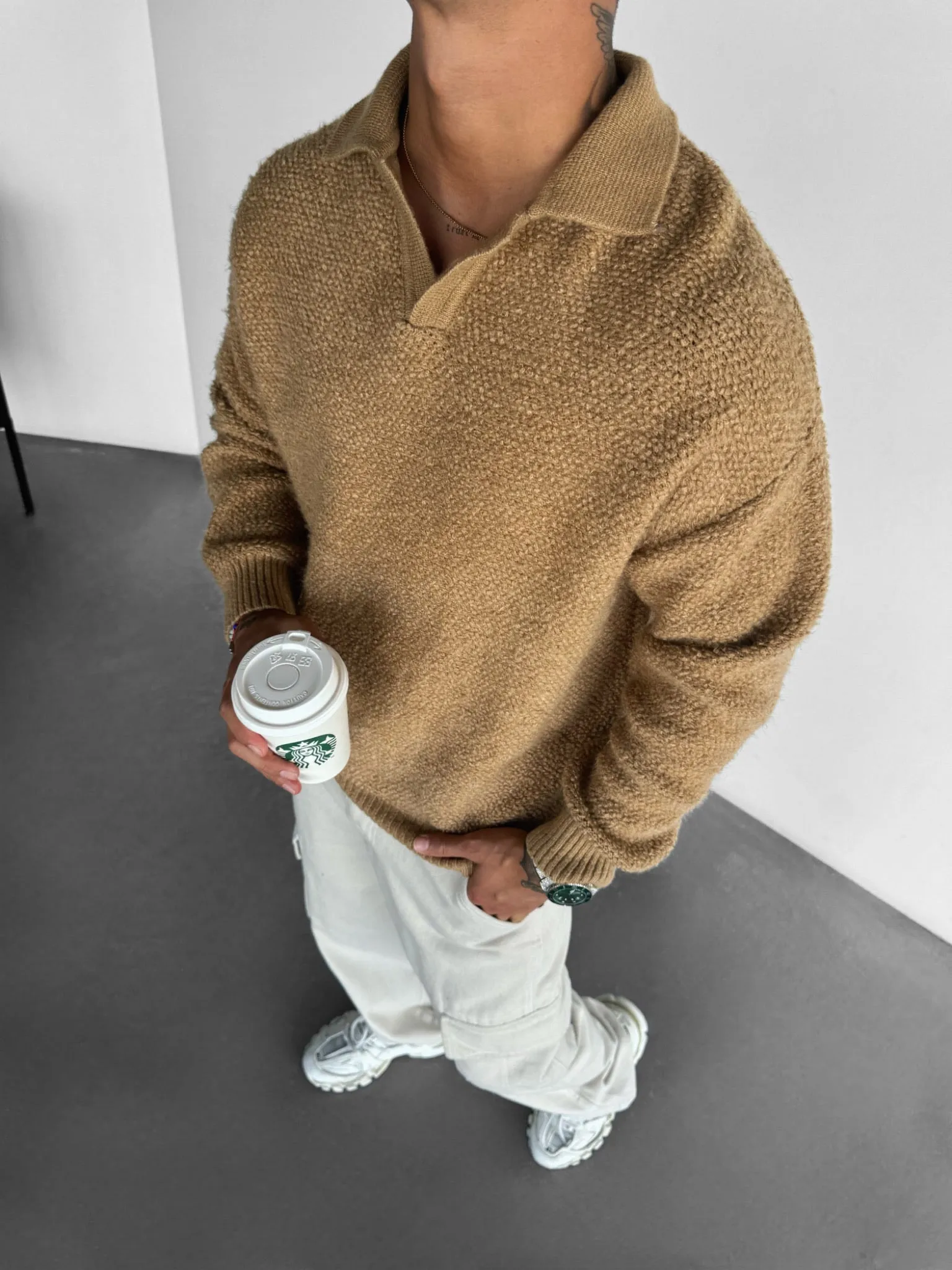 Knit Collar Brushed Pullover - Camel