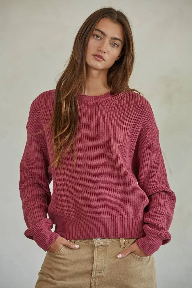 Knit Cotton Sweater Ribbed Long Sleeve Pullover Top