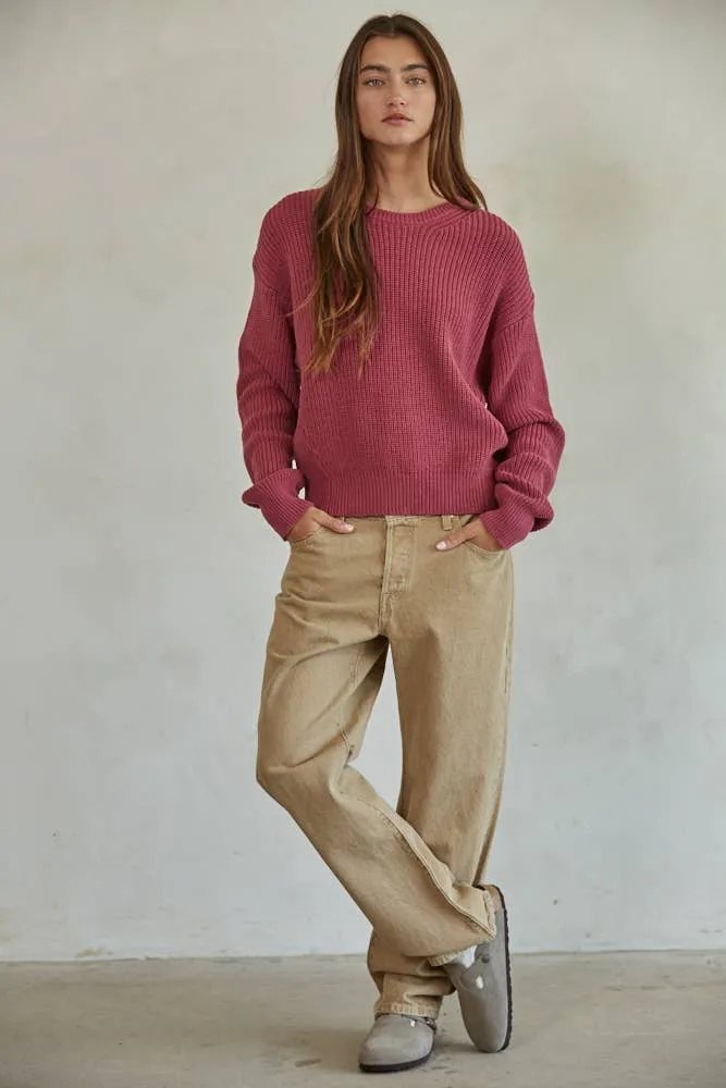 Knit Cotton Sweater Ribbed Long Sleeve Pullover Top