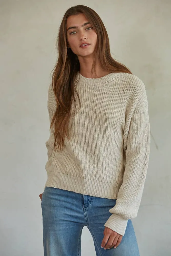 Knit Cotton Sweater Ribbed Long Sleeve Pullover Top