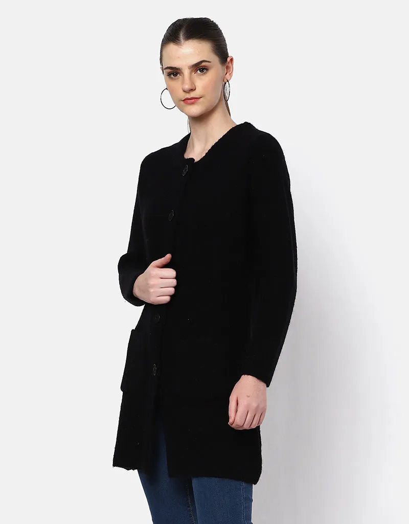 Knitted Round Neck Long Coat With Front Pockets