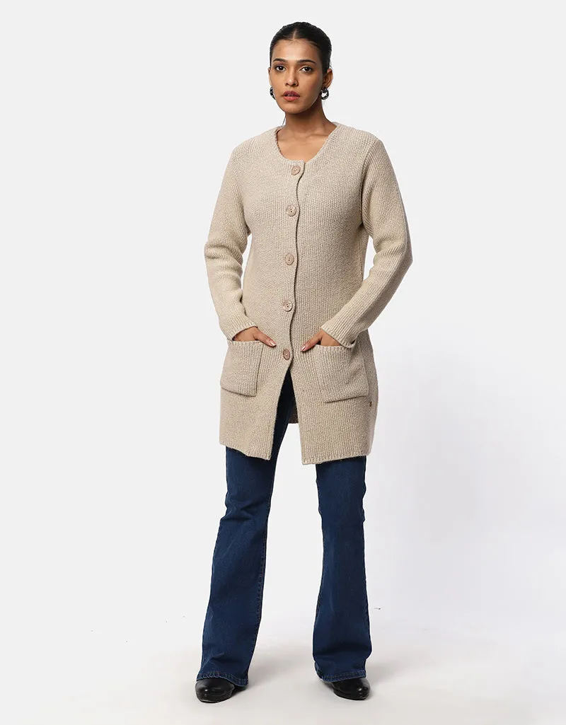 Knitted Round Neck Long Coat With Front Pockets