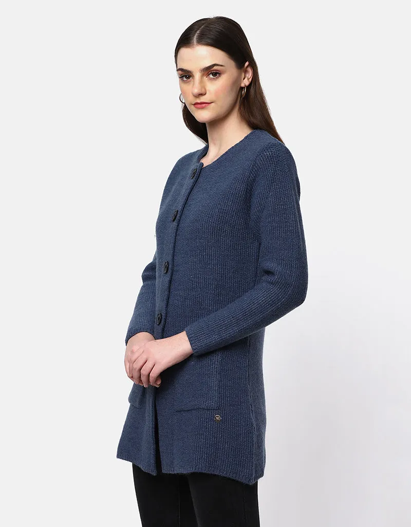 Knitted Round Neck Long Coat With Front Pockets