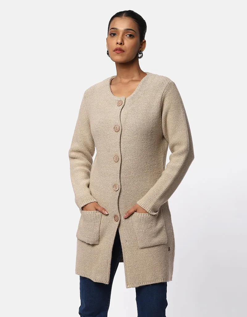 Knitted Round Neck Long Coat With Front Pockets