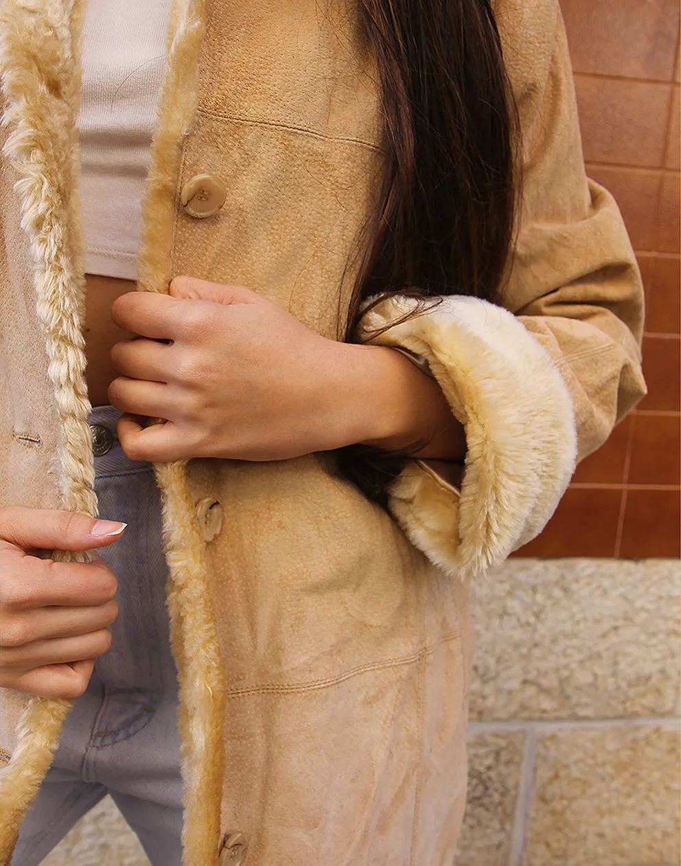 Light Tan Suede Coat with Faux Fur