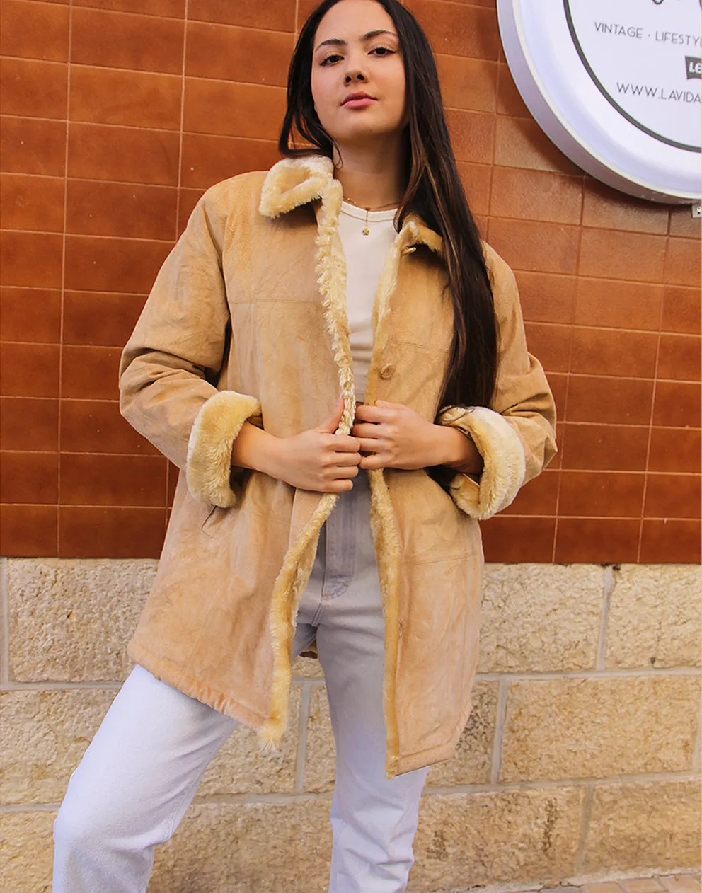 Light Tan Suede Coat with Faux Fur