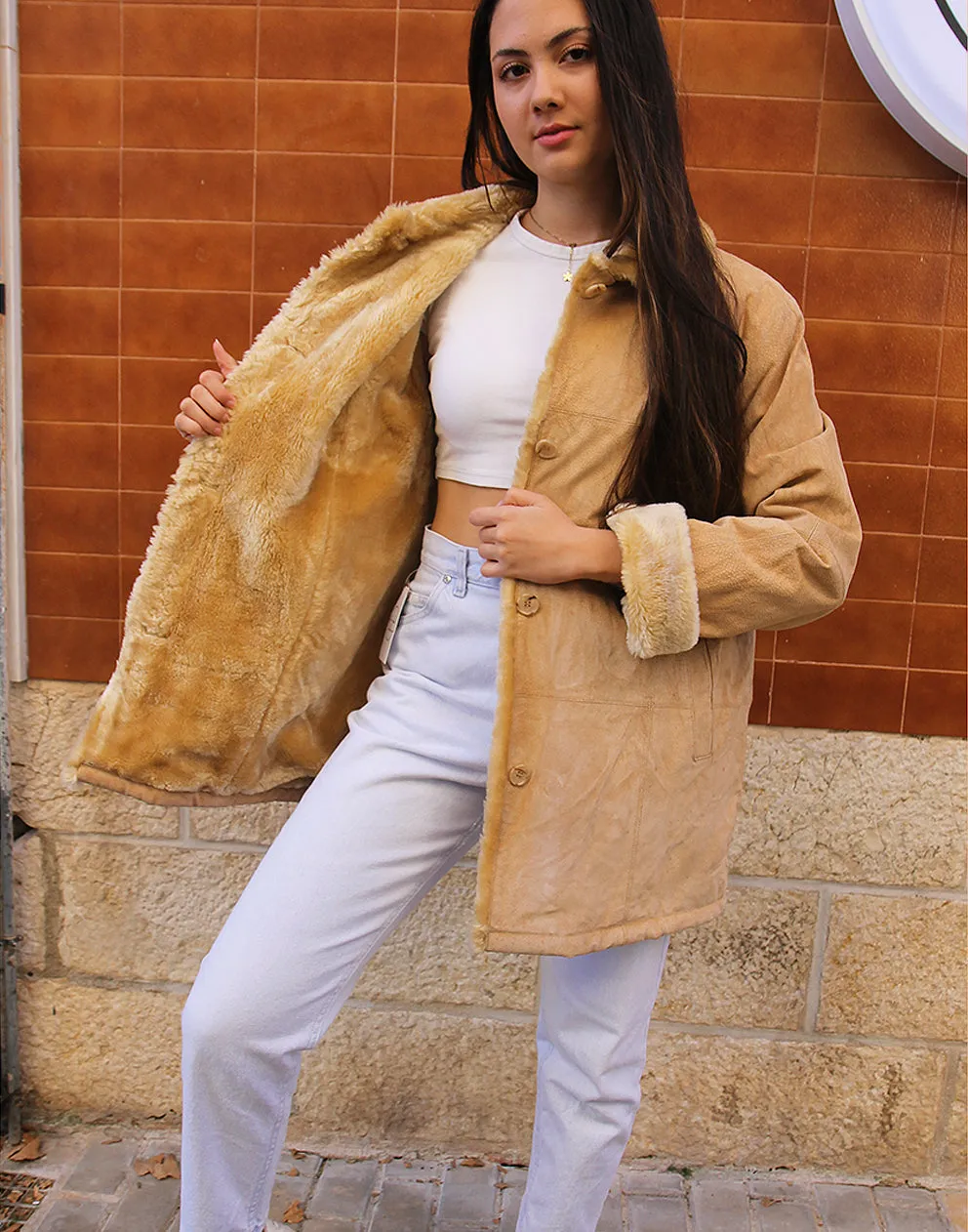 Light Tan Suede Coat with Faux Fur