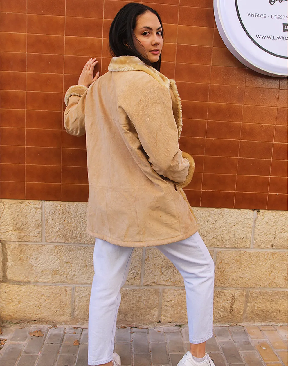 Light Tan Suede Coat with Faux Fur