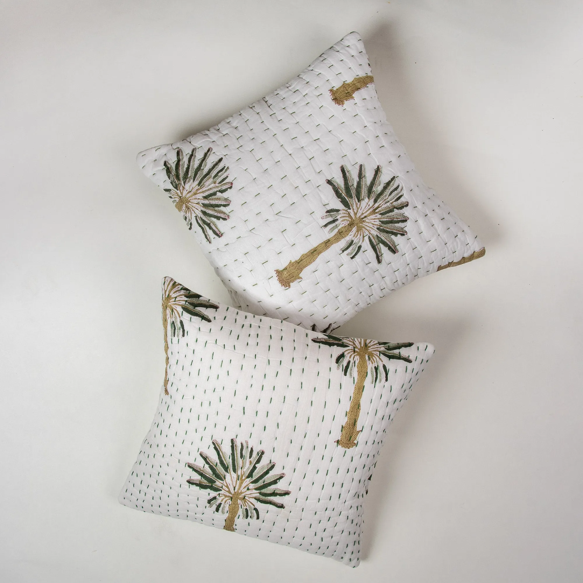 Luxury Green Palm Tree Printed Kantha Sofa Cushions Covers